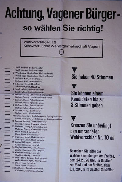 Freie Wählergemeinschaft Vagen Wahlzettel 1978